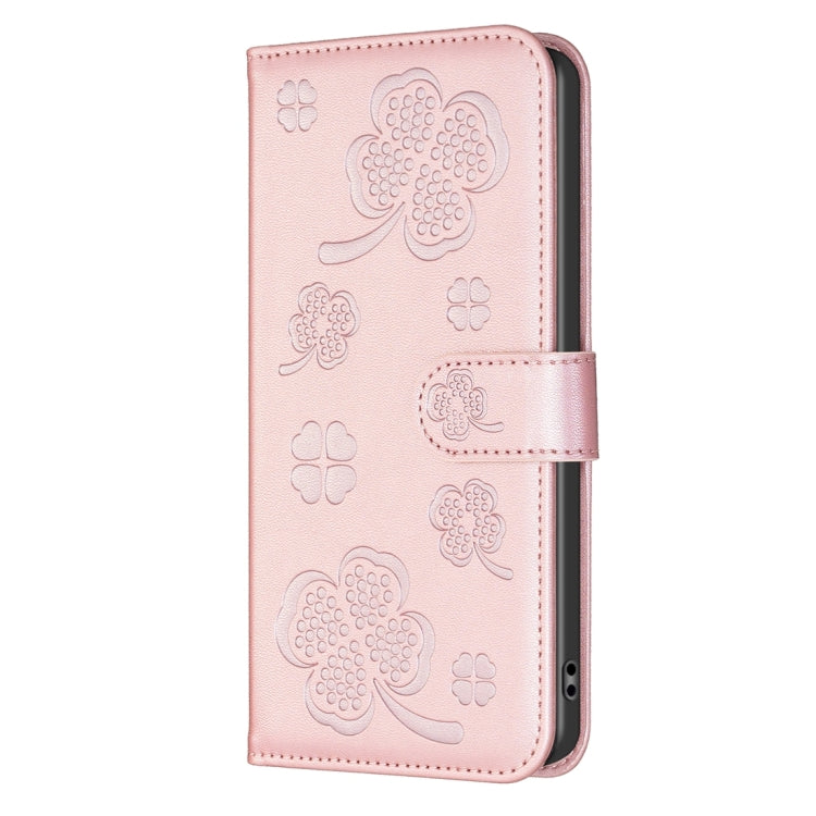 For iPhone 15 Pro Max Four-leaf Embossed Leather Phone Case(Pink) - HoMEdemic™ 
