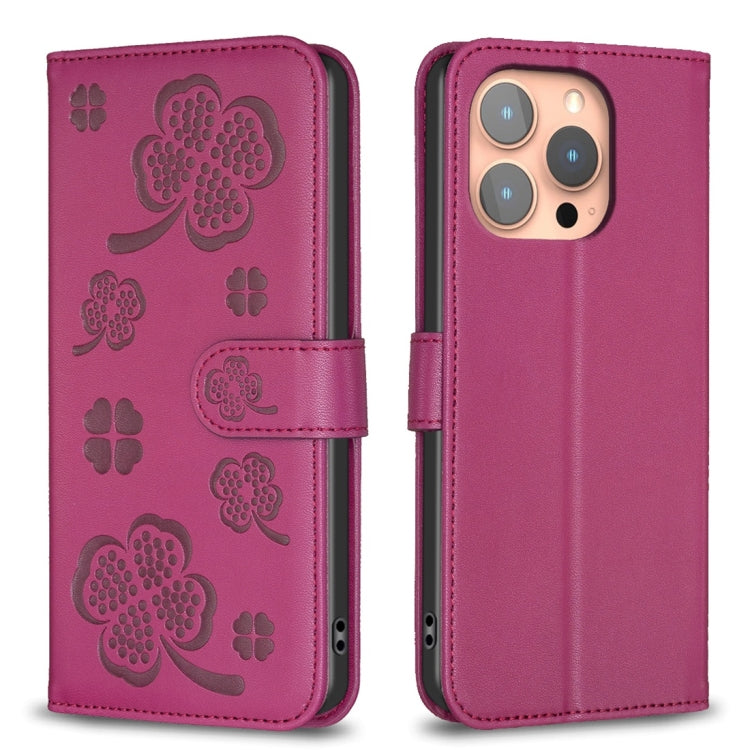 For iPhone 15 Pro Four-leaf Embossed Leather Phone Case(Rose Red) - HoMEdemic™ 
