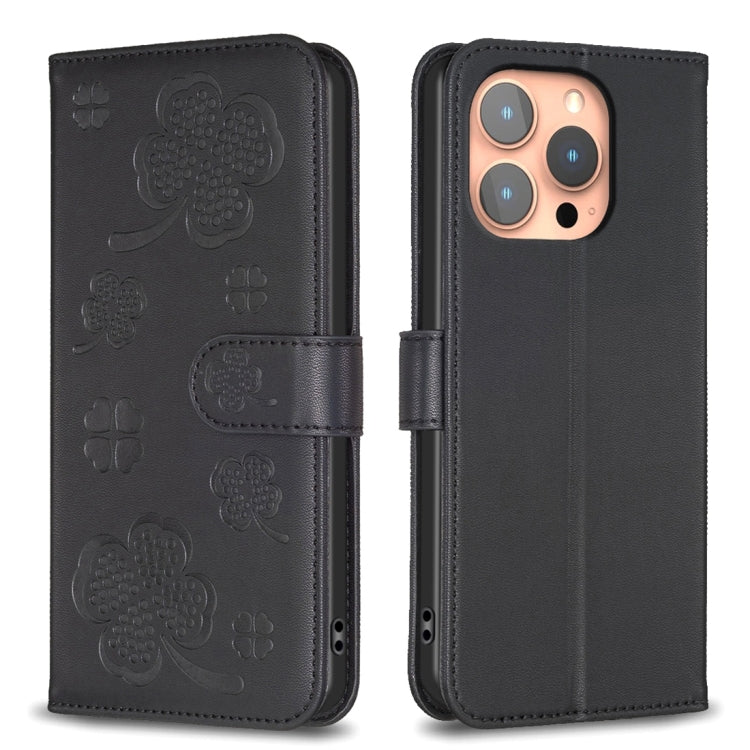 For iPhone 15 Pro Four-leaf Embossed Leather Phone Case(Black) - HoMEdemic™ 