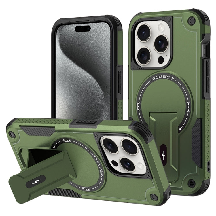 For iPhone 15 Pro Armor Magsafe Holder PC Hybrid TPU Phone Case(Army Green) - HoMEdemic™ 