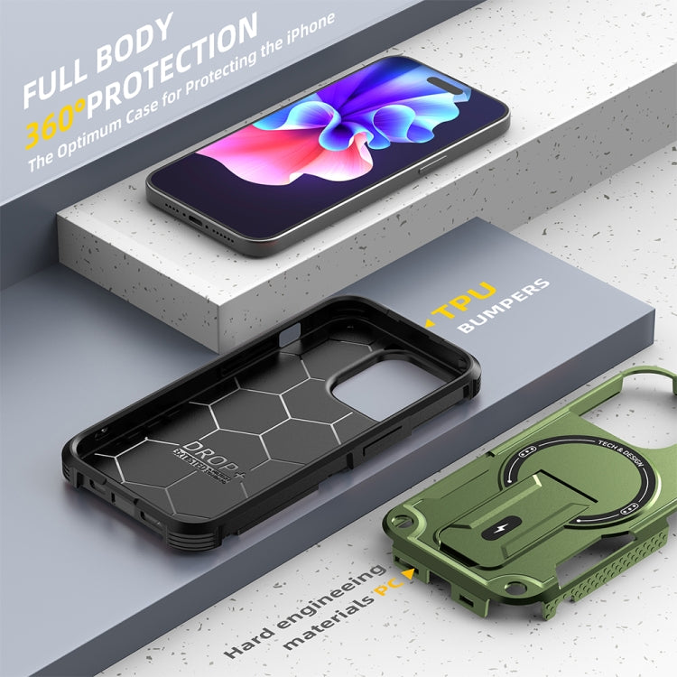 For iPhone 15 Pro Armor Magsafe Holder PC Hybrid TPU Phone Case(Army Green) - HoMEdemic™ 