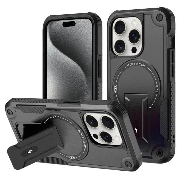 For iPhone 15 Pro Armor Magsafe Holder PC Hybrid TPU Phone Case(Black) - HoMEdemic™ 