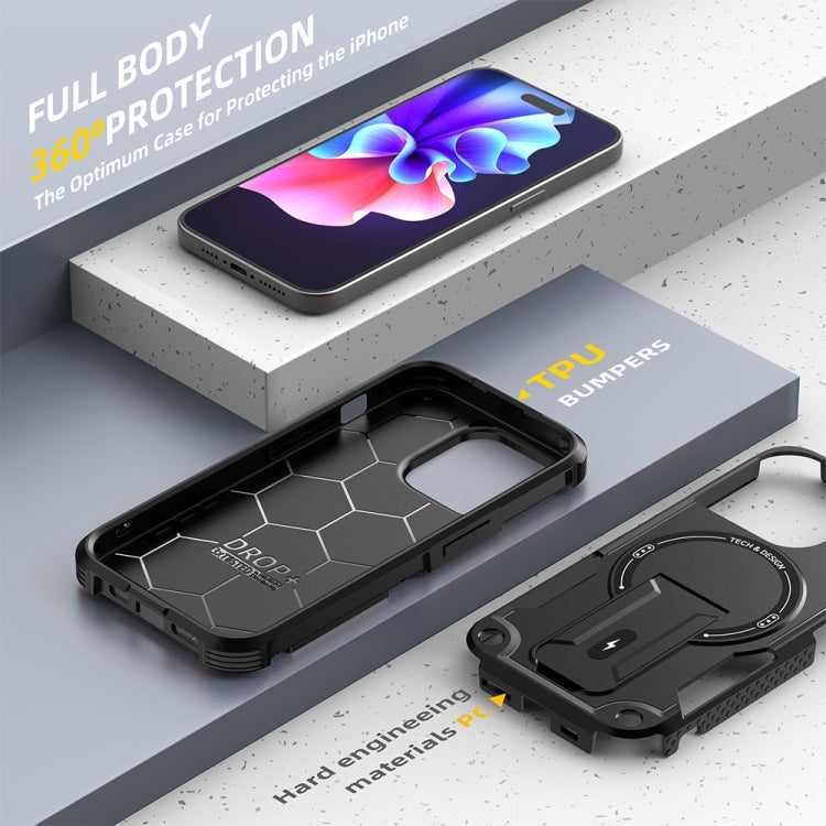 For iPhone 15 Pro Armor Magsafe Holder PC Hybrid TPU Phone Case(Black) - HoMEdemic™ 