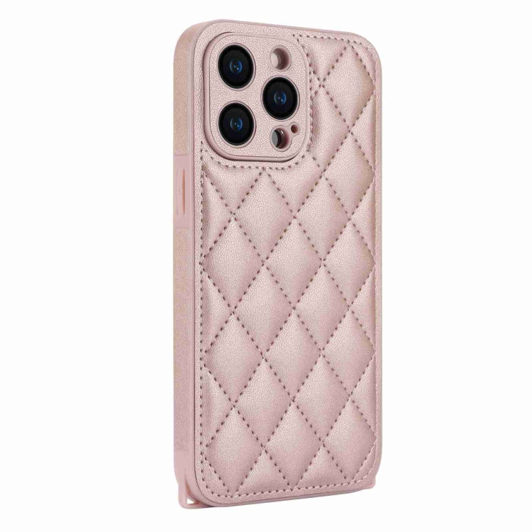 For iPhone 15 Pro Rhombic Texture Phone Case with Dual Lanyard(Rose Gold) - HoMEdemic™ 