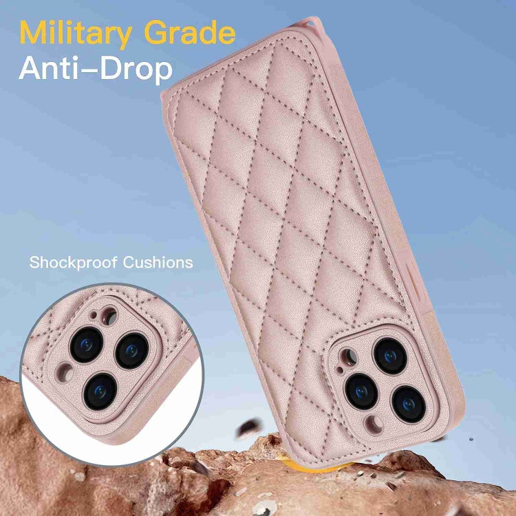 For iPhone 15 Pro Rhombic Texture Phone Case with Dual Lanyard(Rose Gold) - HoMEdemic™ 