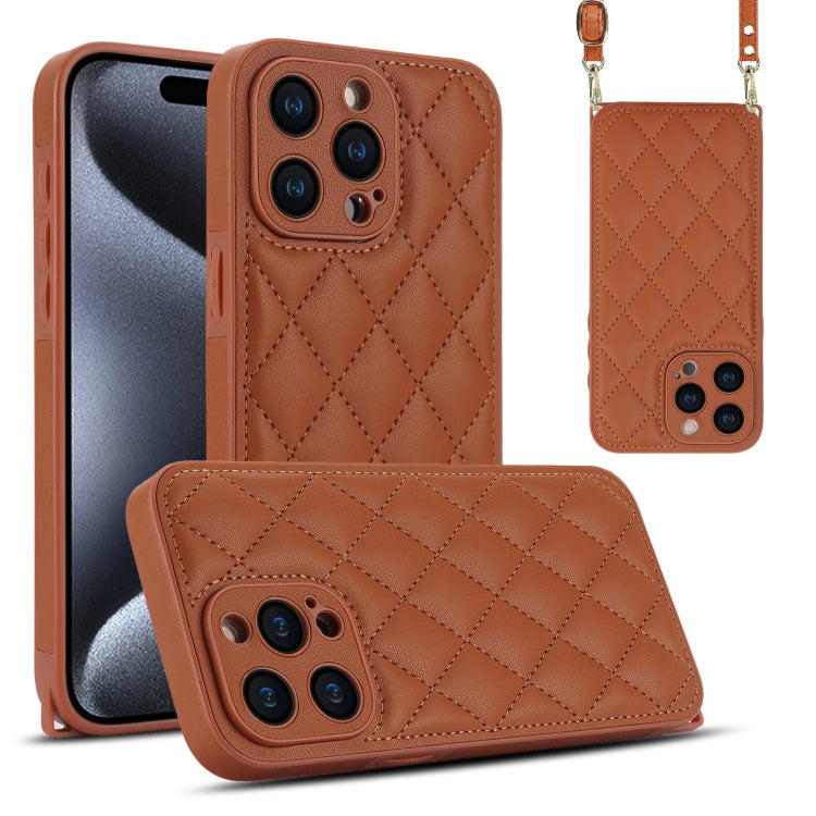 For iPhone 15 Pro Rhombic Texture Phone Case with Dual Lanyard(Brown) - HoMEdemic™ 