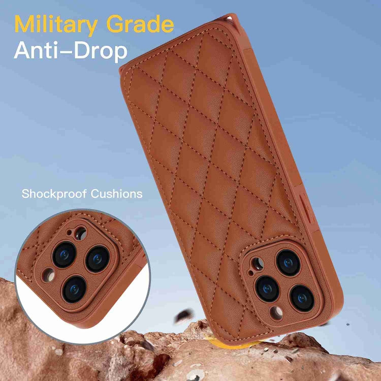 For iPhone 15 Pro Rhombic Texture Phone Case with Dual Lanyard(Brown) - HoMEdemic™ 