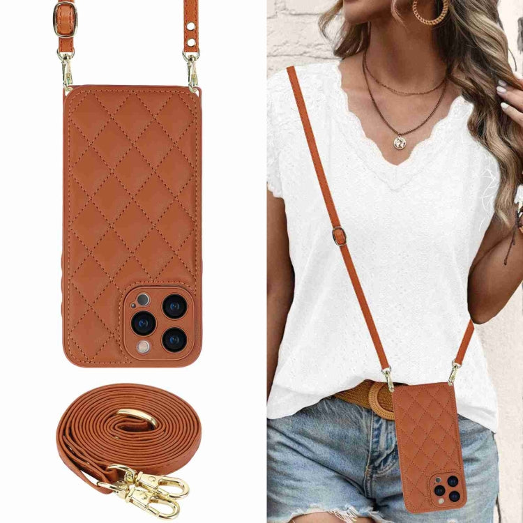 For iPhone 15 Pro Rhombic Texture Phone Case with Dual Lanyard(Brown) - HoMEdemic™ 