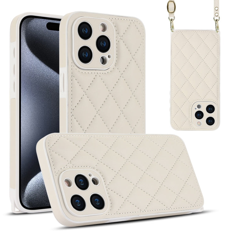 For iPhone 15 Pro Max Rhombic Texture Phone Case with Dual Lanyard(White) - HoMEdemic™ 