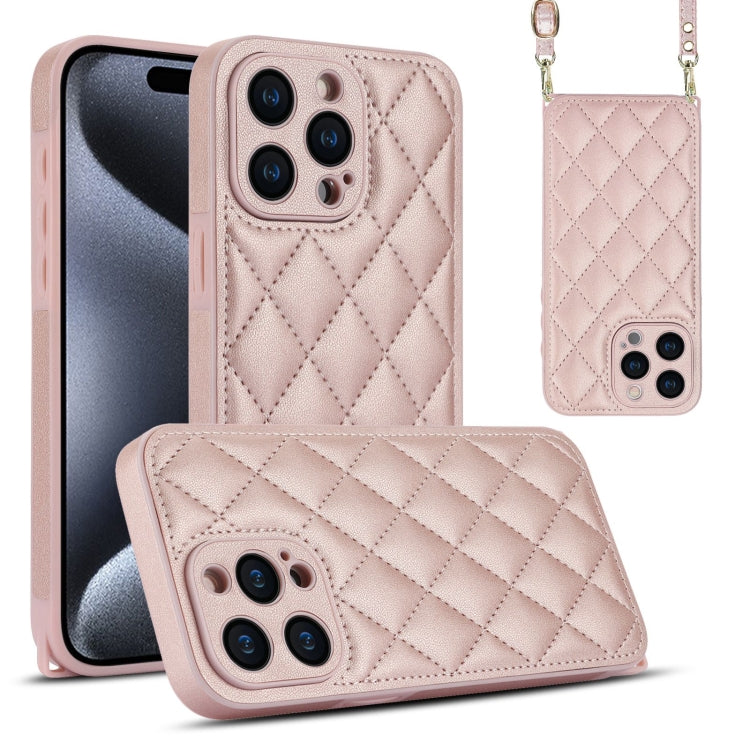 For iPhone 15 Pro Max Rhombic Texture Phone Case with Dual Lanyard(Rose Gold) - HoMEdemic™ 