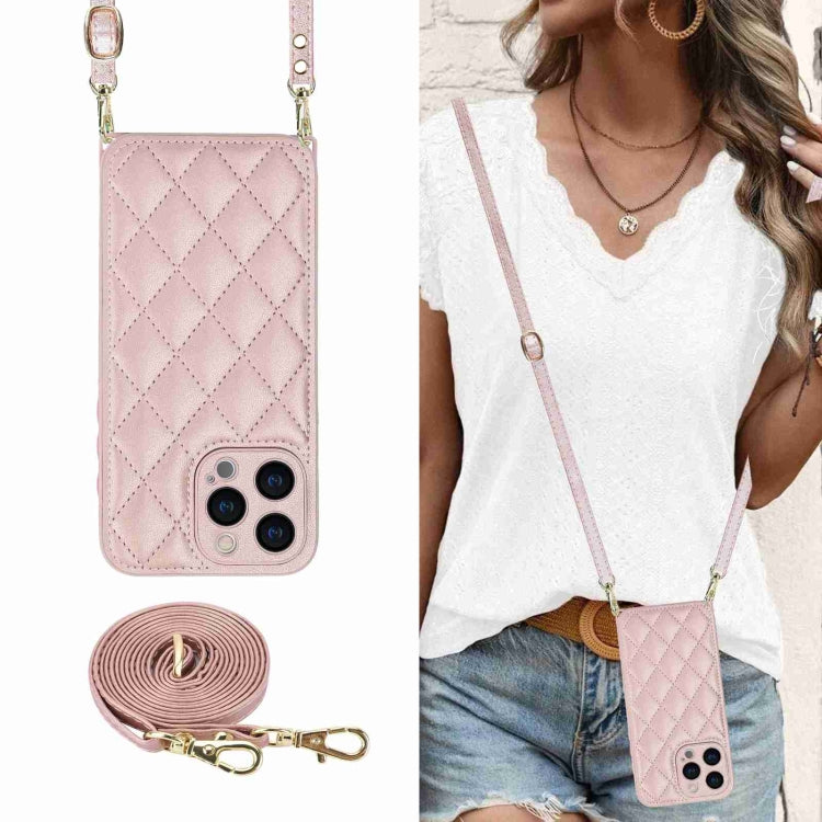 For iPhone 15 Pro Max Rhombic Texture Phone Case with Dual Lanyard(Rose Gold) - HoMEdemic™ 