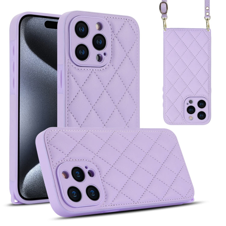 For iPhone 15 Pro Max Rhombic Texture Phone Case with Dual Lanyard(Purple) - HoMEdemic™ 