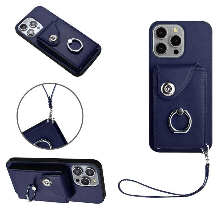 For iPhone 15 Pro Organ Card Bag Ring Holder PU Phone Case with Lanyard(Blue) - HoMEdemic™ 