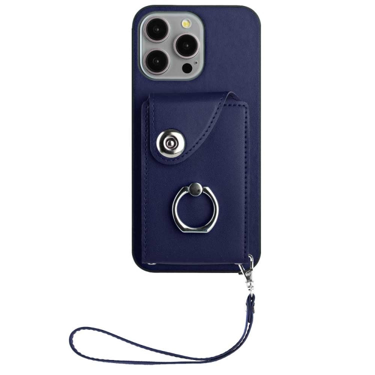 For iPhone 15 Pro Organ Card Bag Ring Holder PU Phone Case with Lanyard(Blue) - HoMEdemic™ 