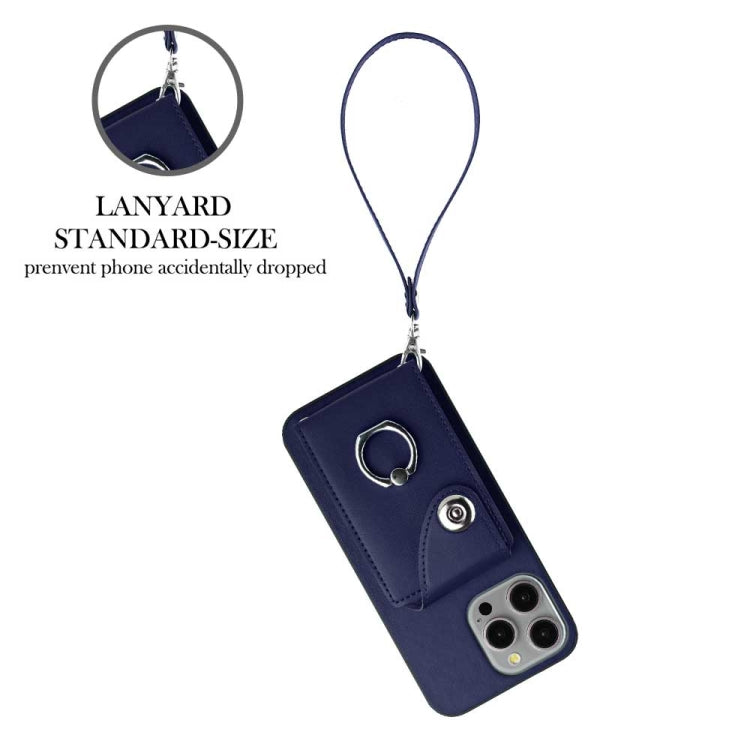 For iPhone 15 Pro Organ Card Bag Ring Holder PU Phone Case with Lanyard(Blue) - HoMEdemic™ 