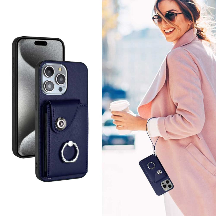 For iPhone 15 Pro Organ Card Bag Ring Holder PU Phone Case with Lanyard(Blue) - HoMEdemic™ 