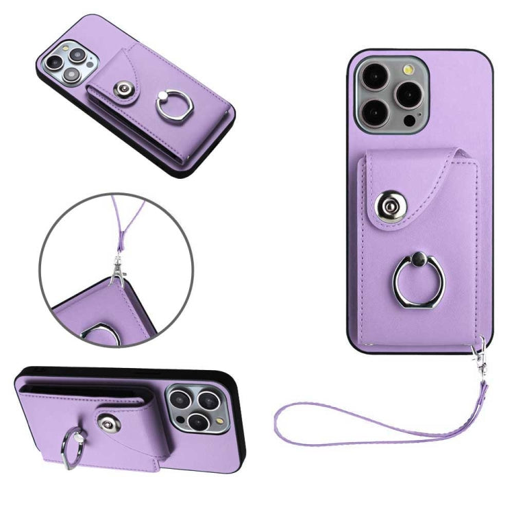 For iPhone 15 Pro Organ Card Bag Ring Holder PU Phone Case with Lanyard(Purple) - HoMEdemic™ 