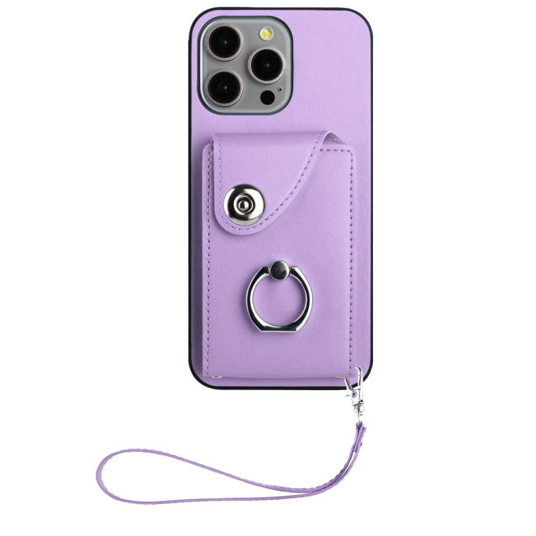 For iPhone 15 Pro Organ Card Bag Ring Holder PU Phone Case with Lanyard(Purple) - HoMEdemic™ 