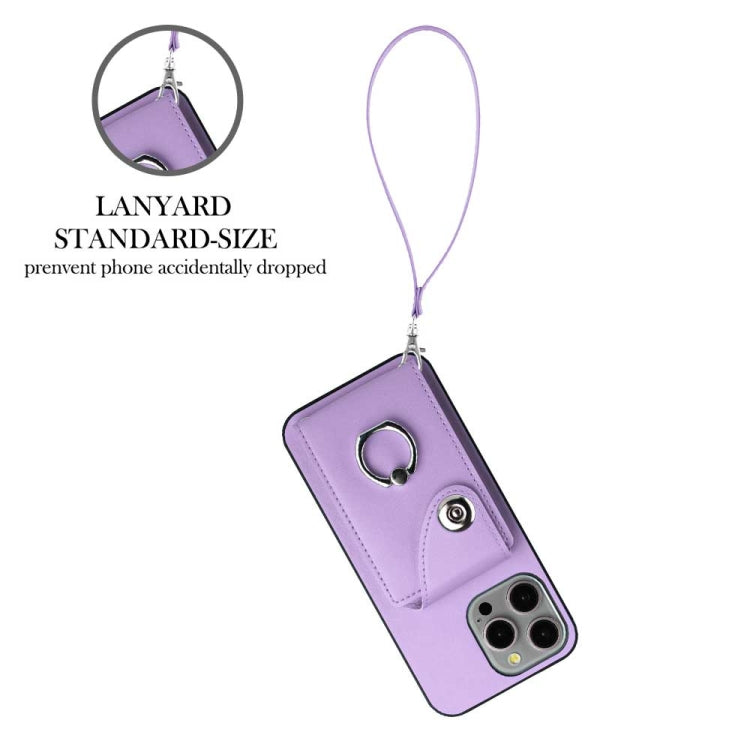 For iPhone 15 Pro Organ Card Bag Ring Holder PU Phone Case with Lanyard(Purple) - HoMEdemic™ 