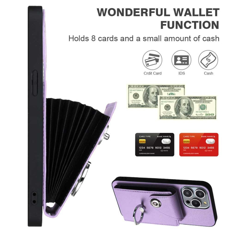 For iPhone 15 Pro Organ Card Bag Ring Holder PU Phone Case with Lanyard(Purple) - HoMEdemic™ 