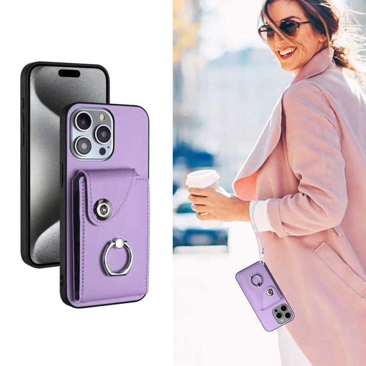 For iPhone 15 Pro Organ Card Bag Ring Holder PU Phone Case with Lanyard(Purple) - HoMEdemic™ 