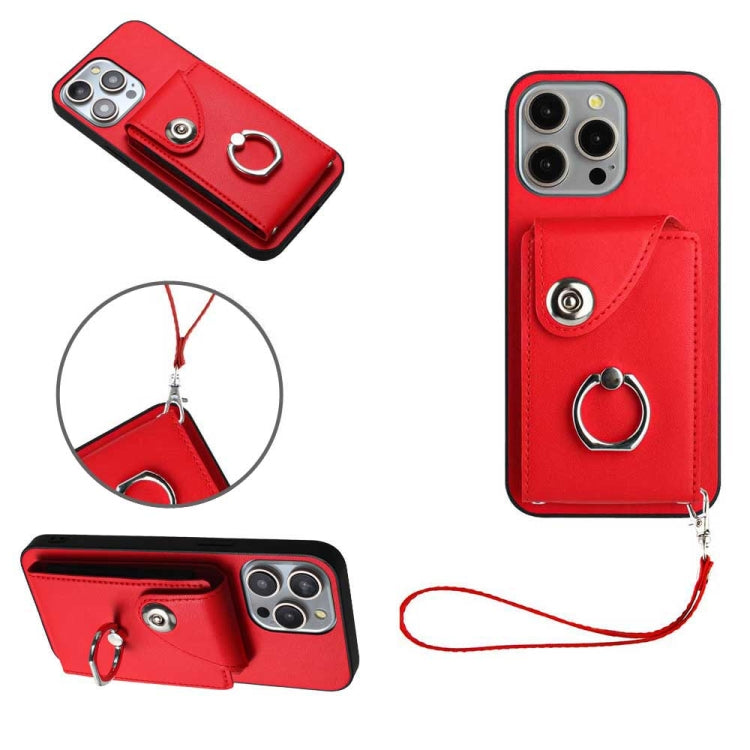 For iPhone 15 Pro Organ Card Bag Ring Holder PU Phone Case with Lanyard(Red) - HoMEdemic™ 