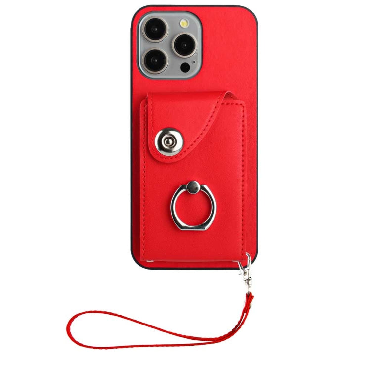 For iPhone 15 Pro Organ Card Bag Ring Holder PU Phone Case with Lanyard(Red) - HoMEdemic™ 