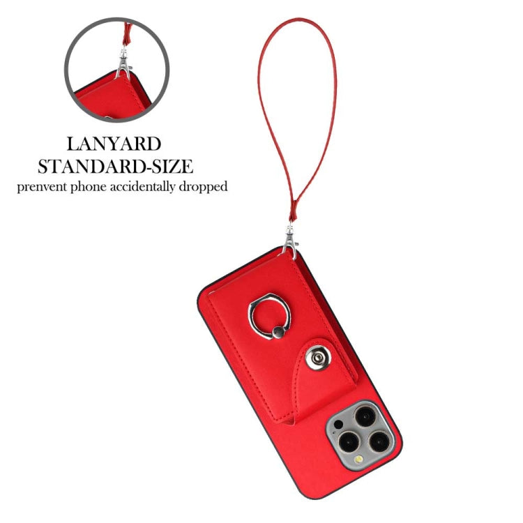 For iPhone 15 Pro Organ Card Bag Ring Holder PU Phone Case with Lanyard(Red) - HoMEdemic™ 