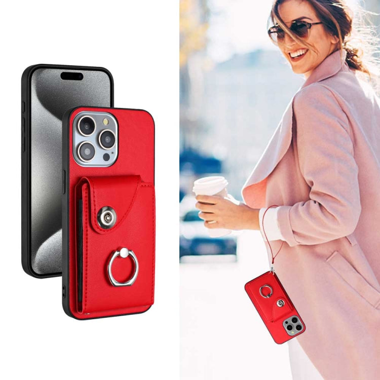 For iPhone 15 Pro Organ Card Bag Ring Holder PU Phone Case with Lanyard(Red) - HoMEdemic™ 