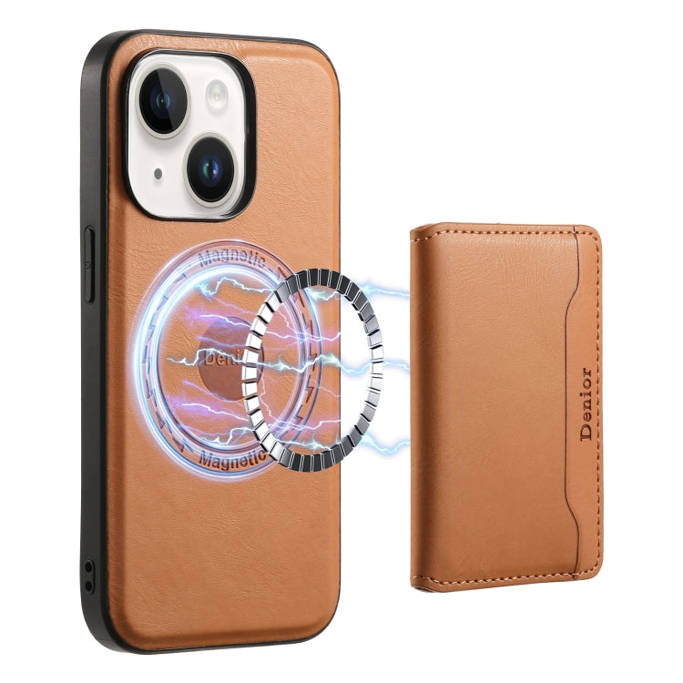 For iPhone 15 Denior Cowhide Texture Leather MagSafe Detachable Wallet Phone Case(Khaki) - HoMEdemic™ 