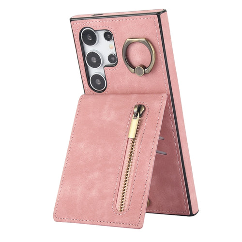 For Samsung Galaxy S24 Ultra 5G Retro Ring and Zipper RFID Card Slot Phone Case(Pink) - HoMEdemic™ 