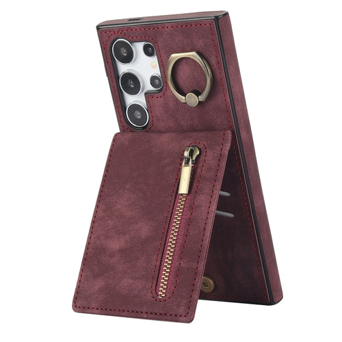 For Samsung Galaxy S24 Ultra 5G Retro Ring and Zipper RFID Card Slot Phone Case(Wine Red) - HoMEdemic™ 