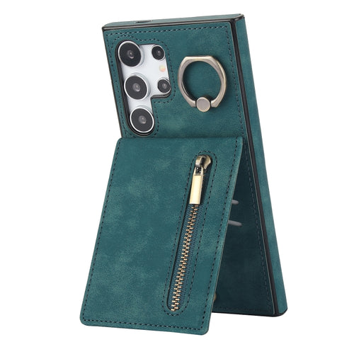 For Samsung Galaxy S24 Ultra 5G Retro Ring and Zipper RFID Card Slot Phone Case(Green) - HoMEdemic™ 