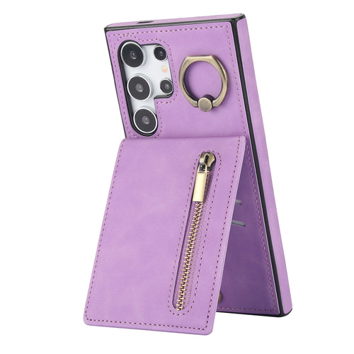 For Samsung Galaxy S24 Ultra 5G Retro Ring and Zipper RFID Card Slot Phone Case(Purple) - HoMEdemic™ 