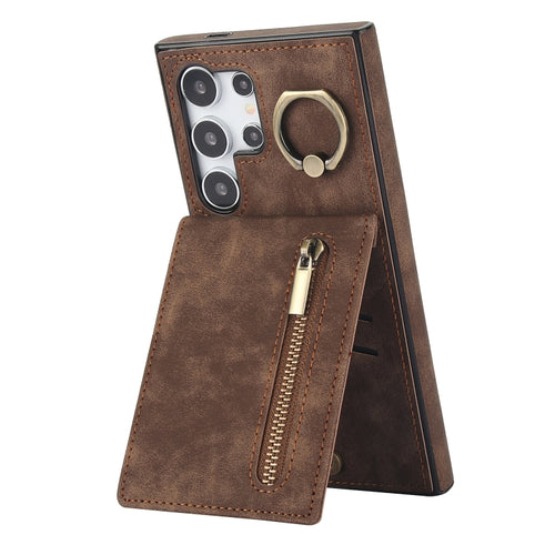 For Samsung Galaxy S24 Ultra 5G Retro Ring and Zipper RFID Card Slot Phone Case(Brown) - HoMEdemic™ 