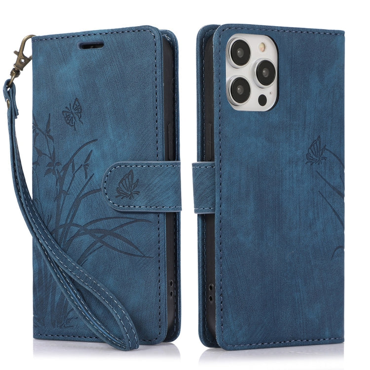 For iPhone 15 Pro Max Orchid Butterfly Embossed Leather Phone Case(Blue) - HoMEdemic™ 
