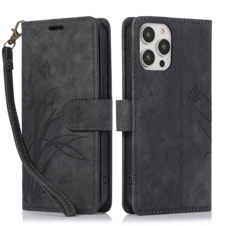 For iPhone 15 Pro Orchid Butterfly Embossed Leather Phone Case(Black) - HoMEdemic™ 