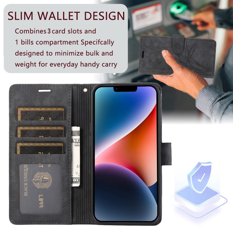 For iPhone 15 Pro Orchid Butterfly Embossed Leather Phone Case(Black) - HoMEdemic™ 