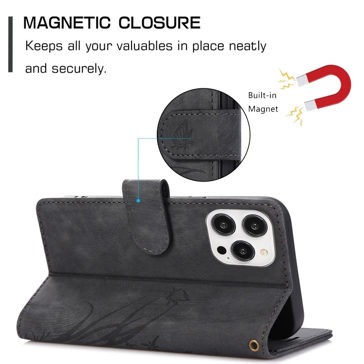 For iPhone 15 Pro Orchid Butterfly Embossed Leather Phone Case(Black) - HoMEdemic™ 