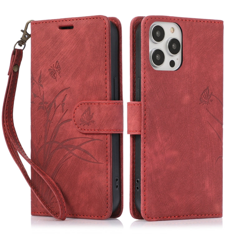 For iPhone 15 Pro Orchid Butterfly Embossed Leather Phone Case(Red) - HoMEdemic™ 
