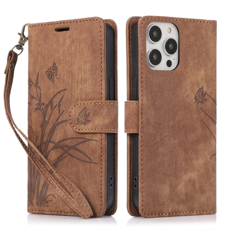 For iPhone 15 Pro Orchid Butterfly Embossed Leather Phone Case(Brown) - HoMEdemic™ 