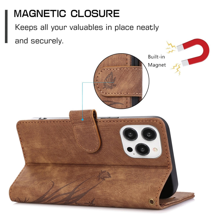 For iPhone 15 Pro Orchid Butterfly Embossed Leather Phone Case(Brown) - HoMEdemic™ 