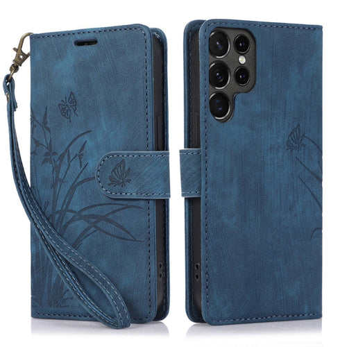 For Samsung Galaxy S24 Ultra 5G Orchid Butterfly Embossed Leather Phone Case(Blue) - HoMEdemic™ 