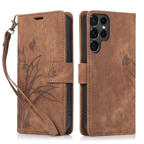 For Samsung Galaxy S24 Ultra 5G Orchid Butterfly Embossed Leather Phone Case(Brown) - HoMEdemic™ 