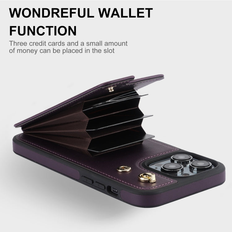 For iPhone 15 Pro Max YM005 Skin Feel Card Bag Phone Case with Long Lanyard(Dark Purple) - HoMEdemic™ 