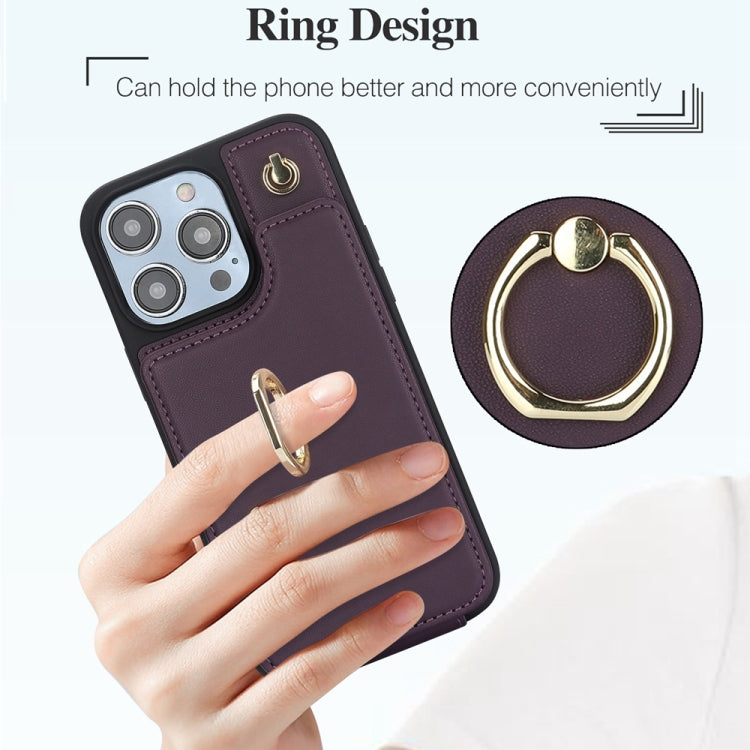 For iPhone 15 Pro Max YM005 Skin Feel Card Bag Phone Case with Long Lanyard(Dark Purple) - HoMEdemic™ 