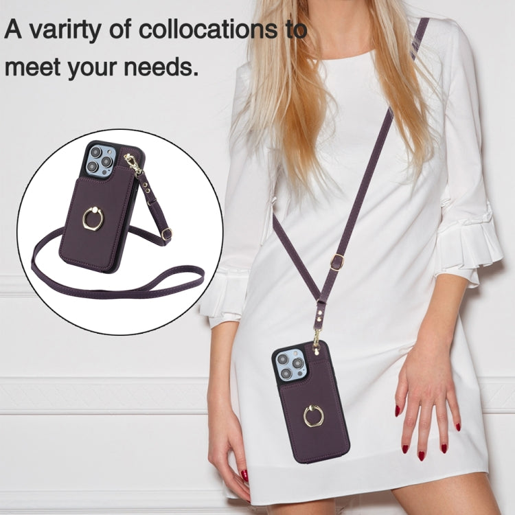 For iPhone 15 Pro Max YM005 Skin Feel Card Bag Phone Case with Long Lanyard(Dark Purple) - HoMEdemic™ 