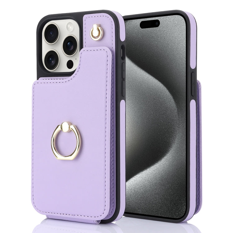 For iPhone 15 Pro Max YM005 Skin Feel Card Bag Phone Case with Long Lanyard(Light Purple) - HoMEdemic™ 