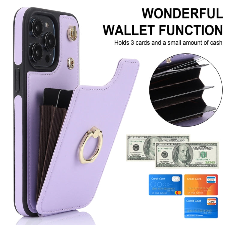 For iPhone 15 Pro Max YM005 Skin Feel Card Bag Phone Case with Long Lanyard(Light Purple) - HoMEdemic™ 