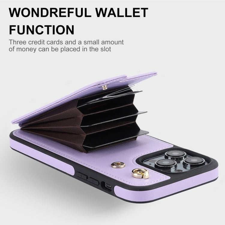 For iPhone 15 Pro Max YM005 Skin Feel Card Bag Phone Case with Long Lanyard(Light Purple) - HoMEdemic™ 